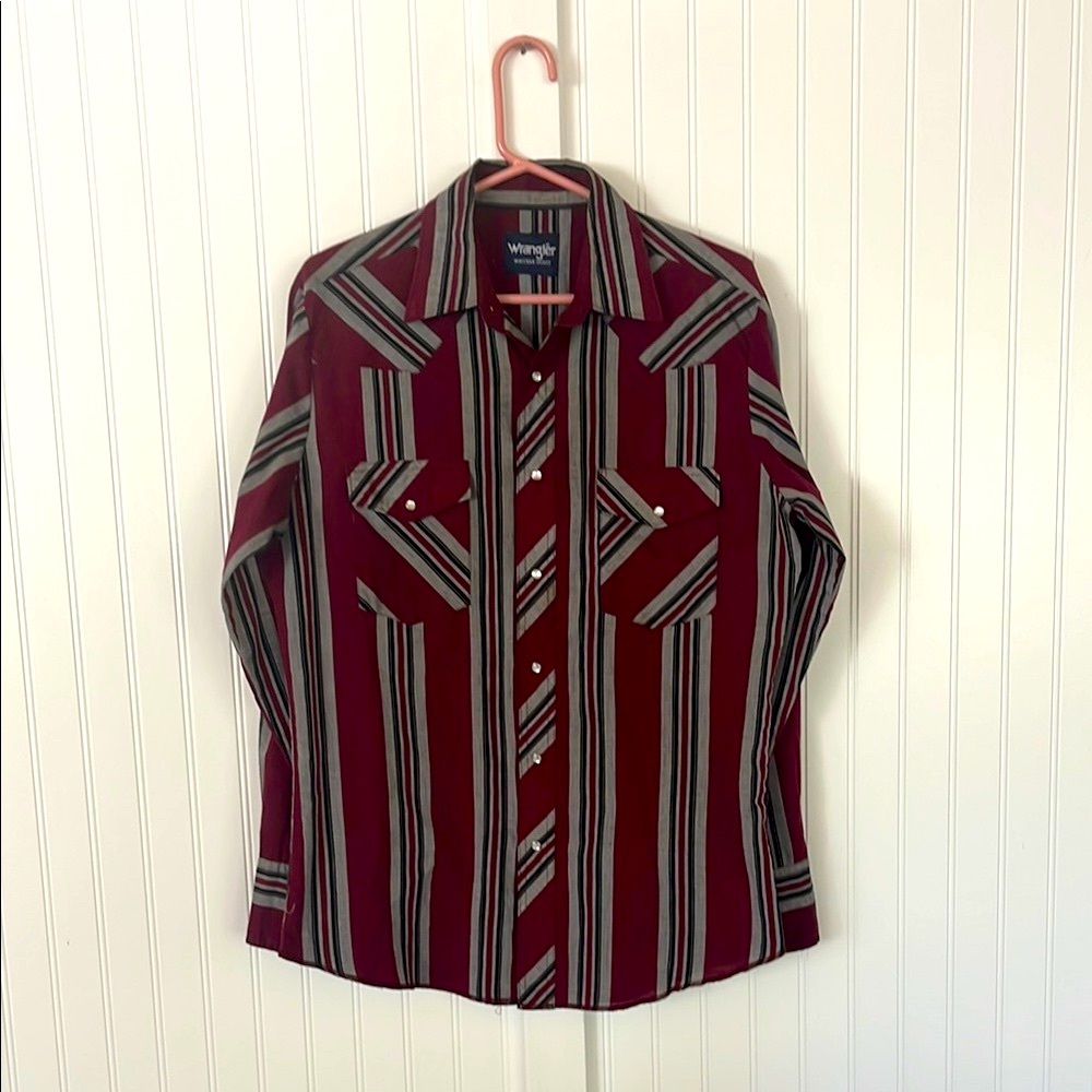 Vintage Wrangler Western Shirt Striped Maroon Gray Pearl Snap Button Down Large